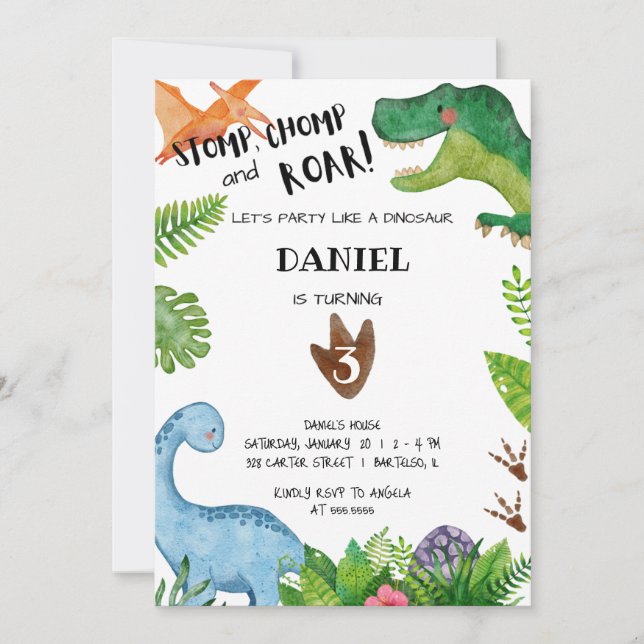 Dinosaur Birthday Party Invitation Dino Party (Front)