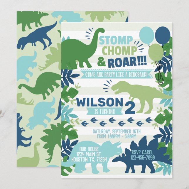 Dinosaur Birthday Party Invitation Invite (Front/Back)