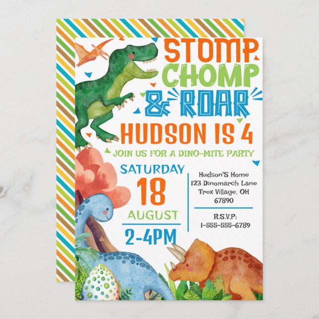 Dinosaur Birthday Party Invitation Personalised  (Front/Back)