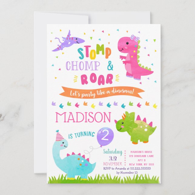 Dinosaur Birthday Party Invitations for girl (Front)
