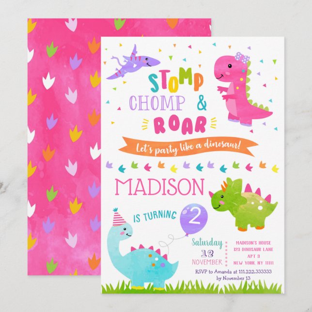Dinosaur Birthday Party Invitations for girl (Front/Back)