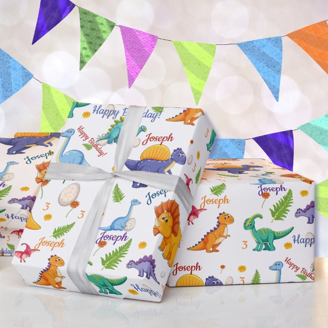 Dinosaur Birthday Party Personalise Name Age Gift Wrapping Paper (Creator Uploaded)
