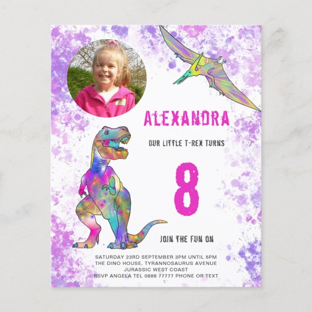 Dinosaur Birthday Party Photo Budget Pink Flyer (Front)