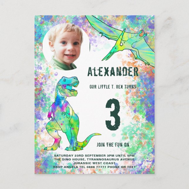 Dinosaur Birthday Party Photo Modern Invitation Postcard (Front)