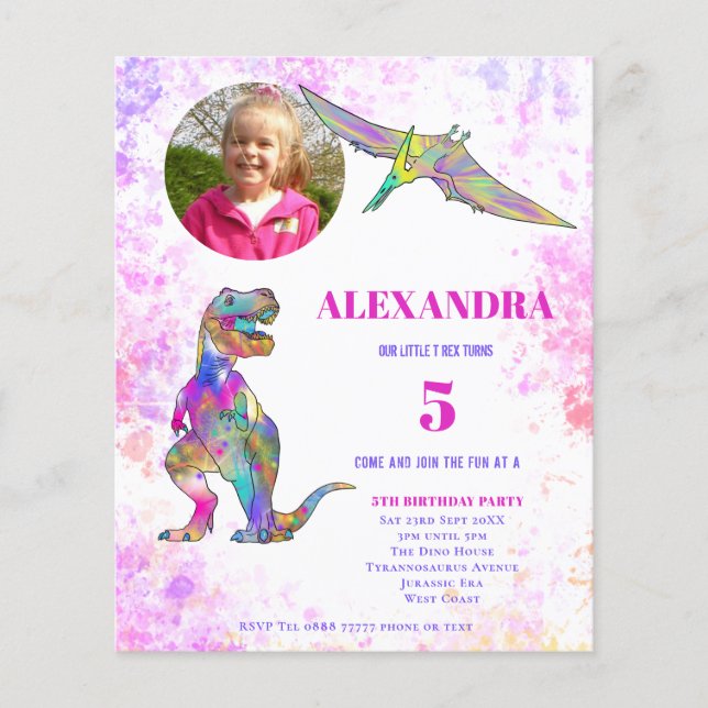 Dinosaur Birthday party Photo Pink Budget Flyer (Front)
