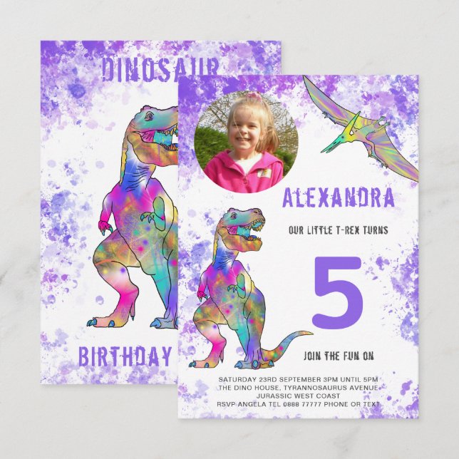 Dinosaur Birthday Party Photo Purple Invitation (Front/Back)