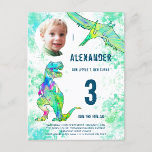 Dinosaur Birthday Party Photo Watercolor Invitation Postcard