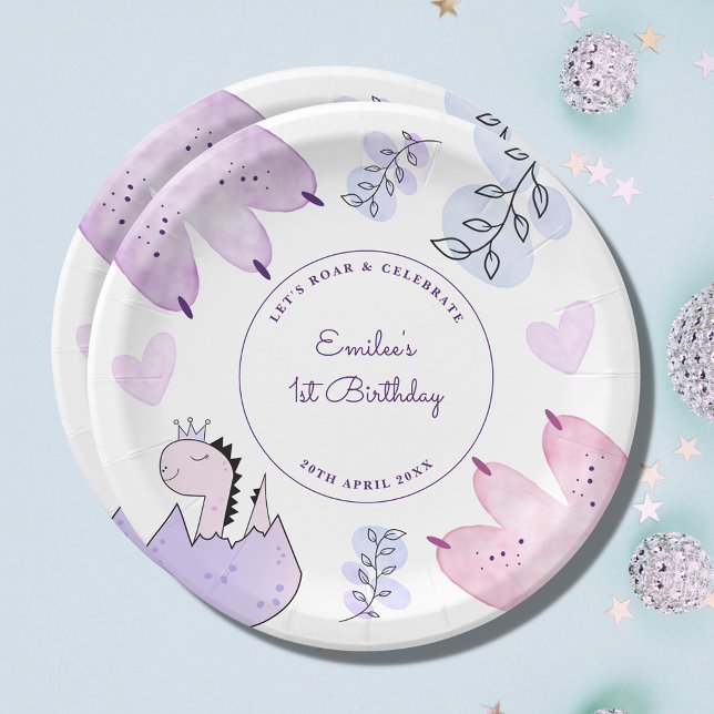Dinosaur Birthday Party Pink Purple  Paper Plate (Creator Uploaded)
