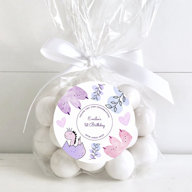 Dinosaur Birthday Party Pink Purple Thank You Classic Round Sticker (Creator Uploaded)