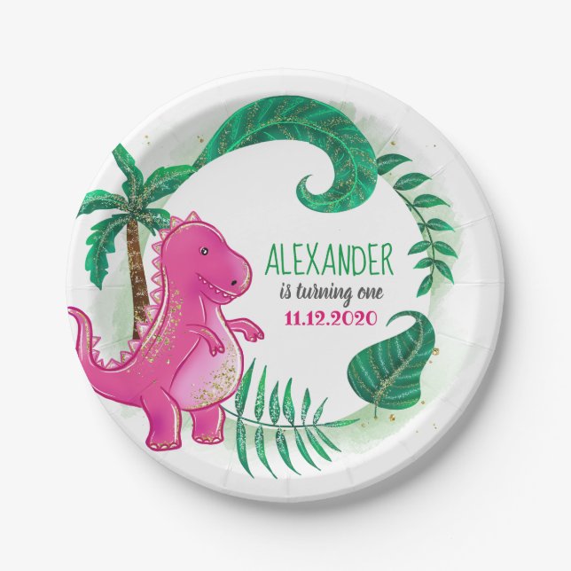 Dinosaur Birthday Party | Pink Trex Dino Paper Plate (Front)