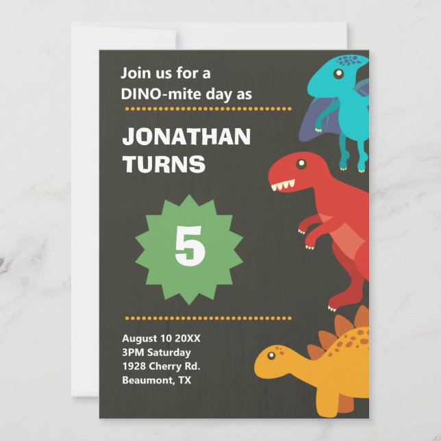 Dinosaur birthday party pun  invitation (Front)