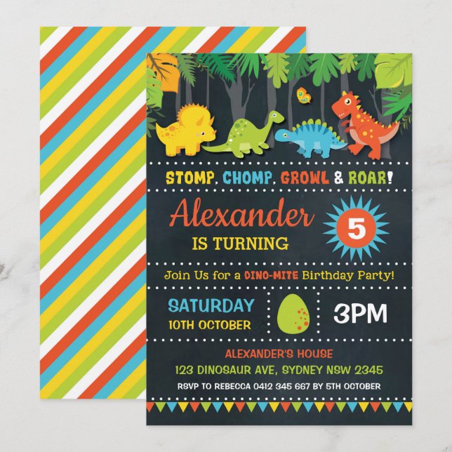Dinosaur Birthday Party Roar Chalkboard Dino-Mite Invitation (Front/Back)