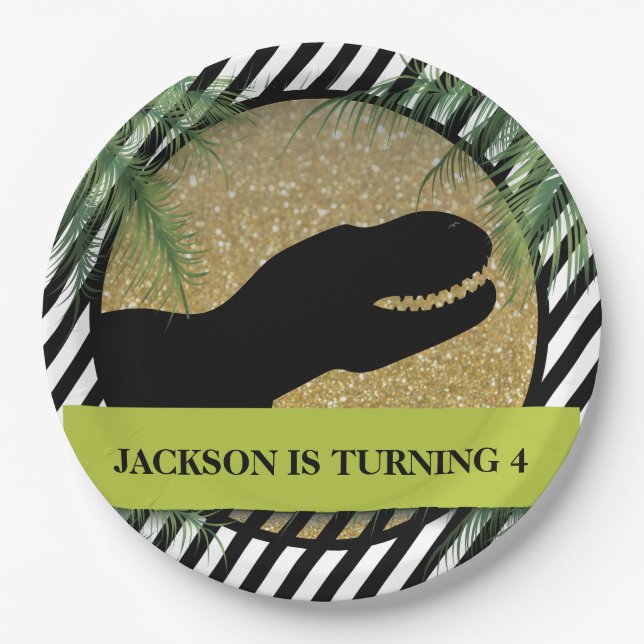 Dinosaur Birthday Party Striped Paper Plate (Front)