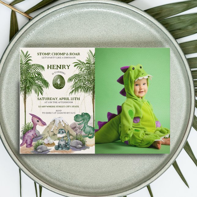 Dinosaur Birthday Party T-rex Watercolor Photo Invitation (Creator Uploaded)