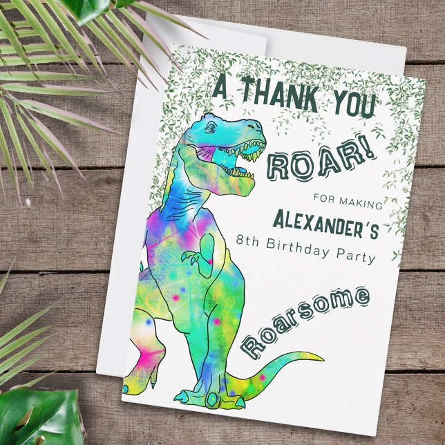 Dinosaur Birthday Party Thank You Card (Dinosaur Birthday party personalized thank you greetings card T-rex roar for being roarsome)