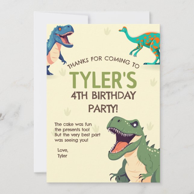 Dinosaur Birthday Party Vertical Thank You Card (Front)