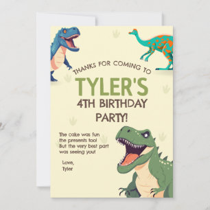 Dinosaur Birthday Party Vertical Thank You Card