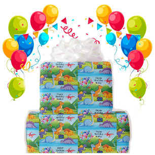 Dinosaur Birthday Party with Cake Add Name  Wrapping Paper