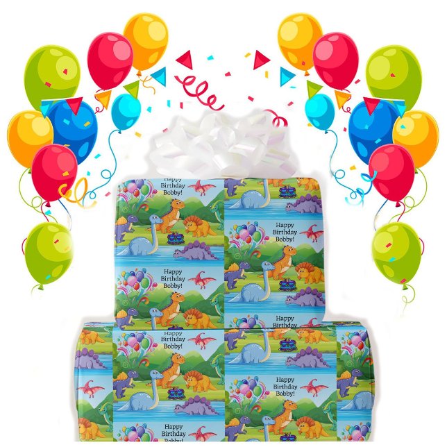 Dinosaur Birthday Party with Cake Add Name  Wrapping Paper (Creator Uploaded)