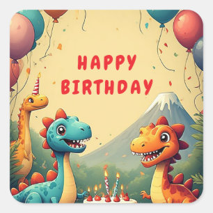 🎉 Dinosaur Birthday Party With Cake And Balloons  Square Sticker