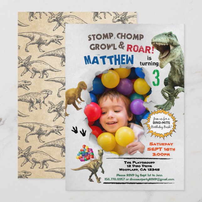 Dinosaur birthday photo invitation colourful (Front/Back)
