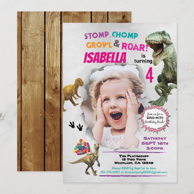 Dinosaur birthday photo invitation for girl (Front/Back)