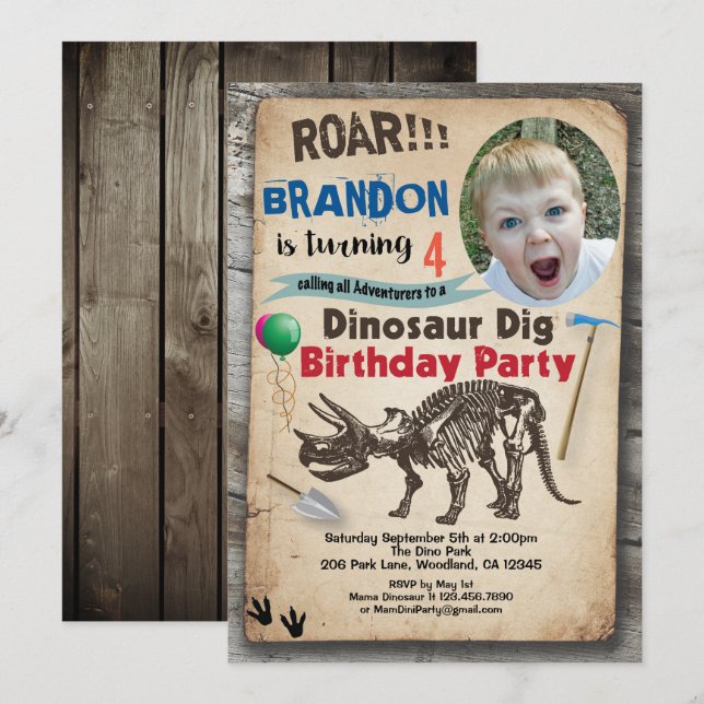 Dinosaur birthday photo invitation realistic (Front/Back)