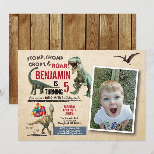 Dinosaur birthday photo invitation rustic (Front/Back)