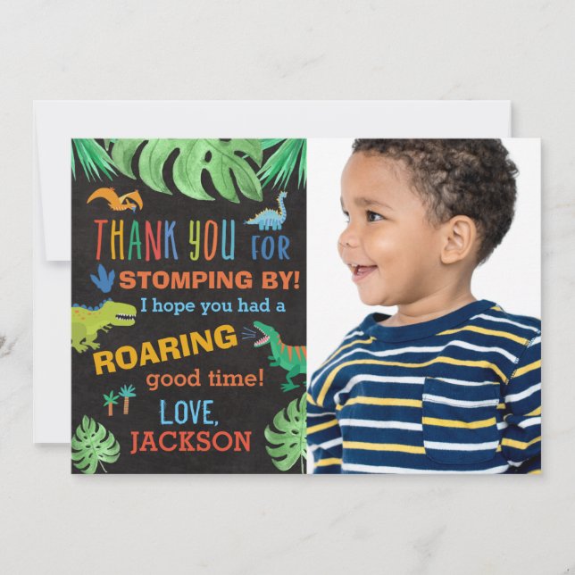 Dinosaur Birthday Photo Thank You Card (Front)