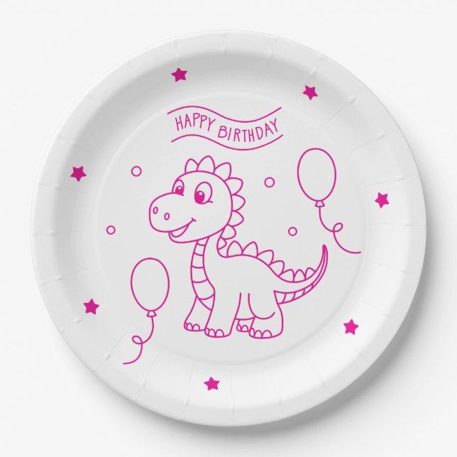 dinosaur birthday pink and white paper plate (Front)