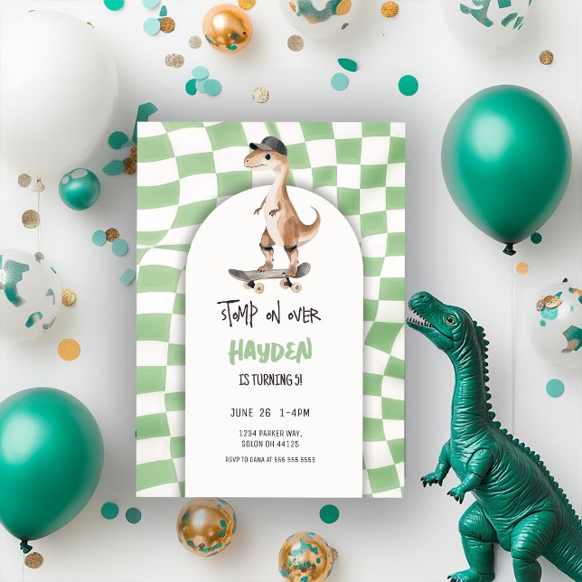 Dinosaur Birthday Retro T Rex Chequered Invitation (Creator Uploaded)