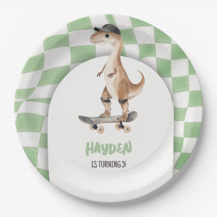Dinosaur Birthday Retro T Rex Chequered Paper Plate