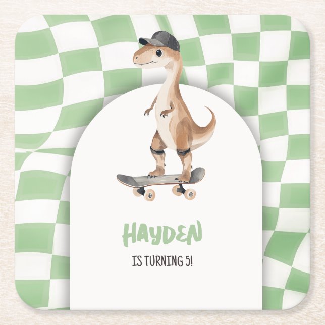 Dinosaur Birthday Retro T Rex Chequered Square Paper Coaster (Front)