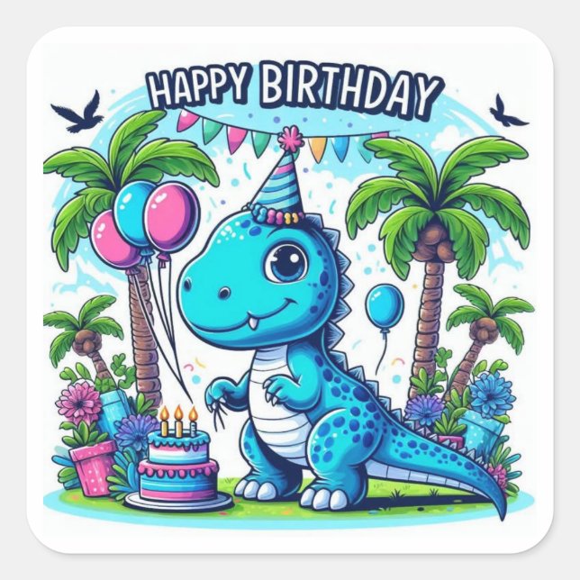 dinosaur birthday sticker,  cute dino party  square sticker (Front)