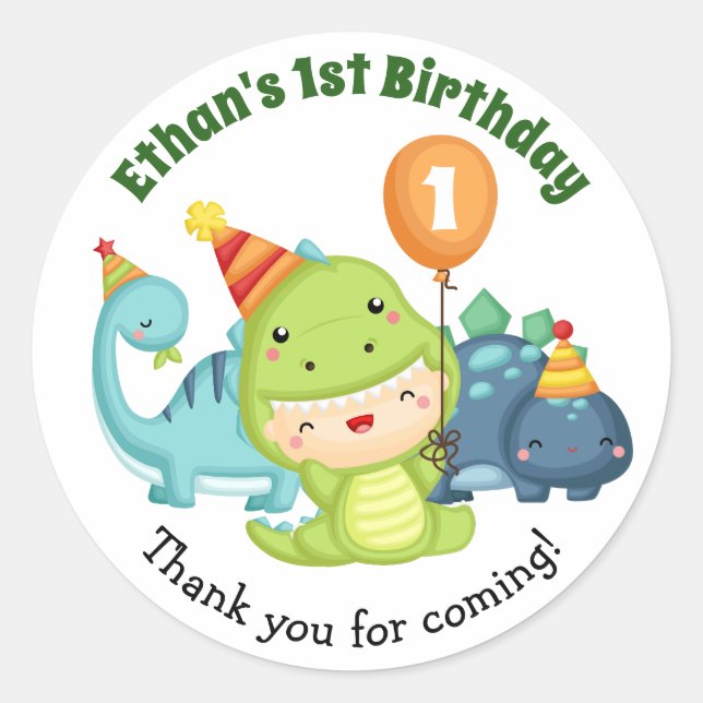Dinosaur Birthday Stickers - 1st Birthday Favour (Front)