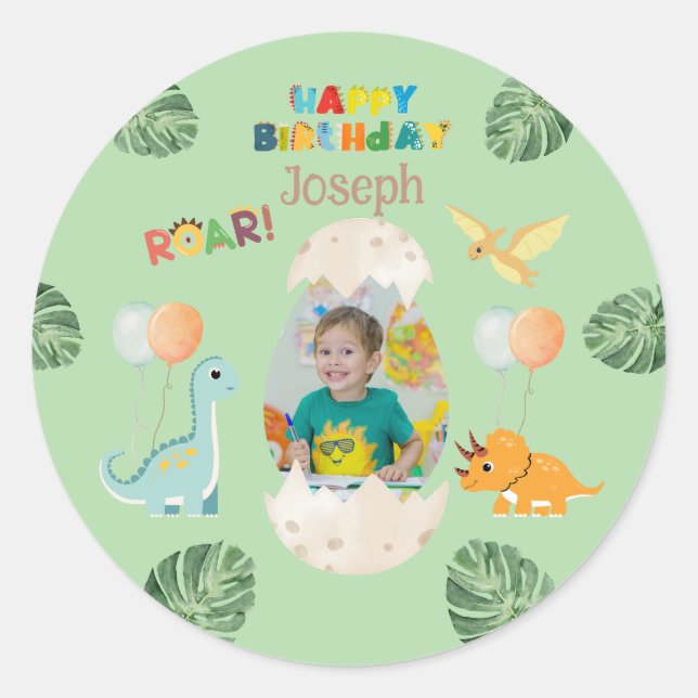 Dinosaur Birthday stickers- Custom Name  Classic Round Sticker (Front)