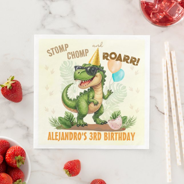 Dinosaur Birthday - Stomp Chomp Roar T-Rex Birthda Napkin (Insitu)