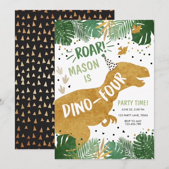 Dinosaur Birthday T-Rex Boy Four Dino Birthday Invitation (Front/Back)