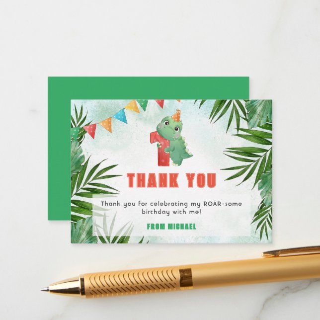 Dinosaur birthday thank you card - first birthday (Front/Back In Situ)