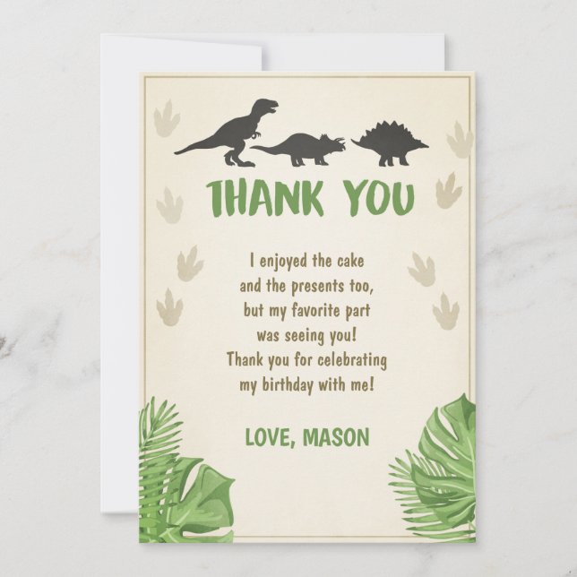 Dinosaur Birthday Thank You Card Party Boy Dino (Front)