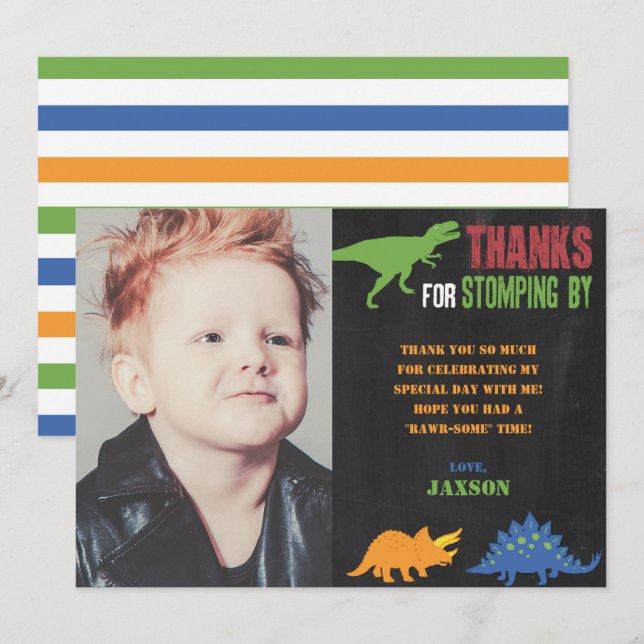 Dinosaur birthday thank you card with photo (Front/Back)