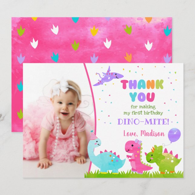 Dinosaur Birthday Thank You cards for girl (Front/Back)