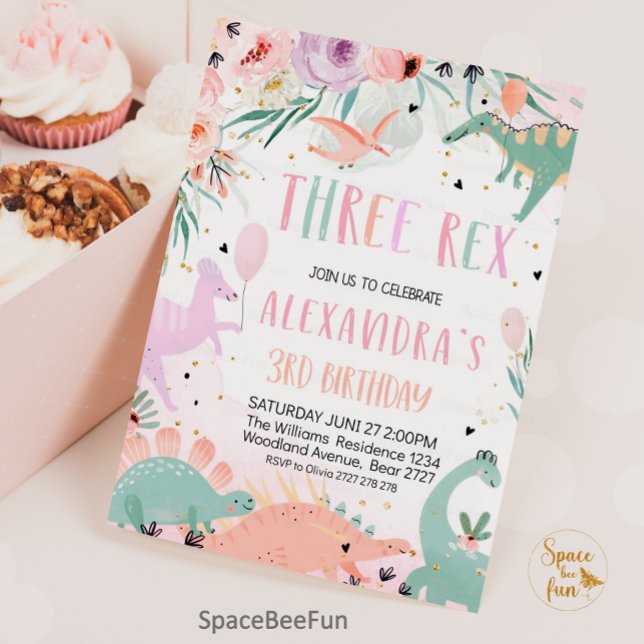 Dinosaur Birthday Three Rex Invitation Girl Dino (Dinosaur Birthday Three Rex Invitation Pink, Dinosaur Party invitation, Dino 3rd, Three rex birthday)