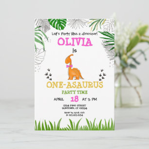 Dinosaur Birthday watercolor pink orange green  Invitation