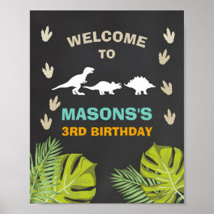 Dinosaur Birthday Welcome Sign Boy Leaves Party