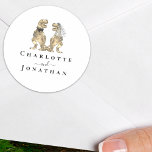 Dinosaur Black and White Wedding Personalised  Classic Round Sticker<br><div class="desc">Bring a roar of fun to your celebration with these dinosaur-themed black and white wedding stickers! Featuring an adorable T-Rex bride with a white veil and groom in a black tie on a modern crisp white background. Perfect stickers for a whimsical Jurassic wedding reception, rehearsal dinner, or dino-themed celebration. With...</div>