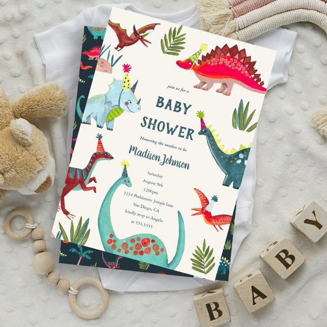 Dinosaur blue baby boy shower party invitation (Dinosaur blue baby shower party invitation)