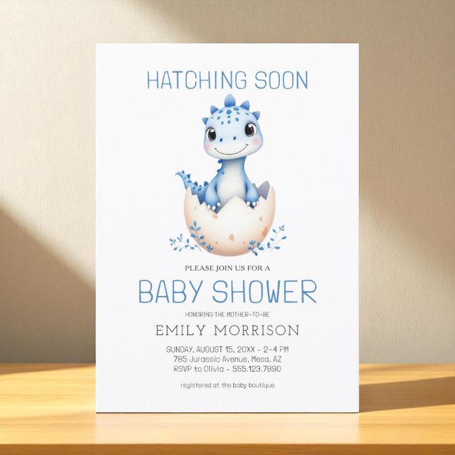 Dinosaur Blue Boy Hatching Soon Cute Baby Shower Invitation (Creator Uploaded)