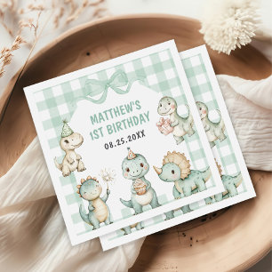 Dinosaur Blue Gingham 1st Birthday Party Napkin