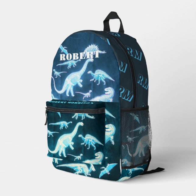 Dinosaur Blue Modern Fun Fluorescent Printed Backpack (Back Corner Right)